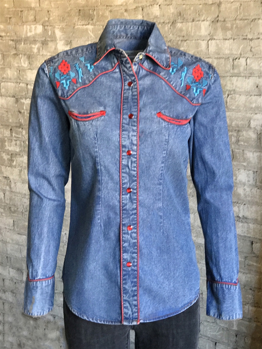 Rockmount Women's Denim Native Embroidered Western Snap Shirt